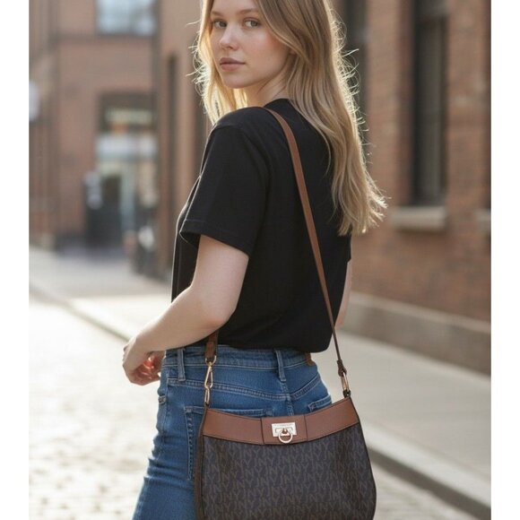 Jones New York Brown Signature Monogram Vinyl Crossbody Shoulder Bag W/Adj strap - Picture 3 of 12